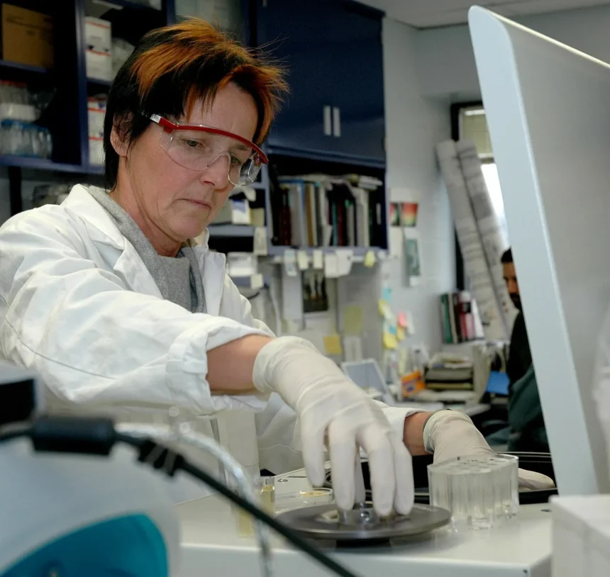 Laboratory scientist examining samples under a microscope