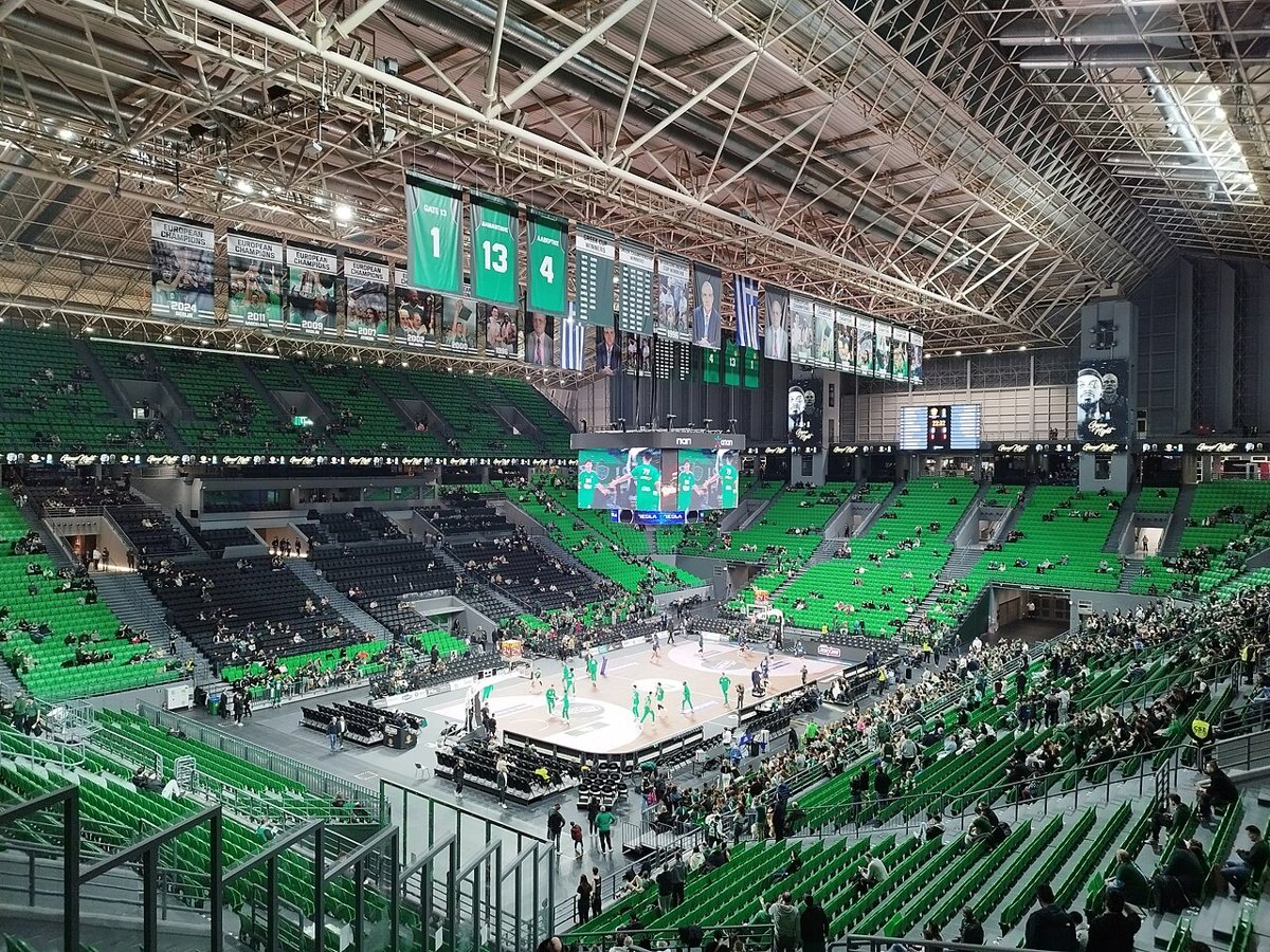 A packed basketball arena during an NBA game