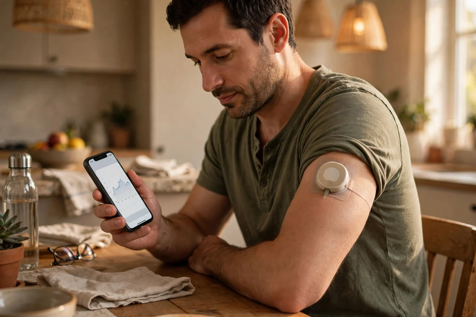 Adult wearing a continuous glucose monitor on their arm and checking readings on a smartphone