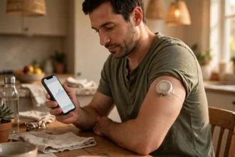 Adult wearing a continuous glucose monitor on their arm and checking readings on a smartphone