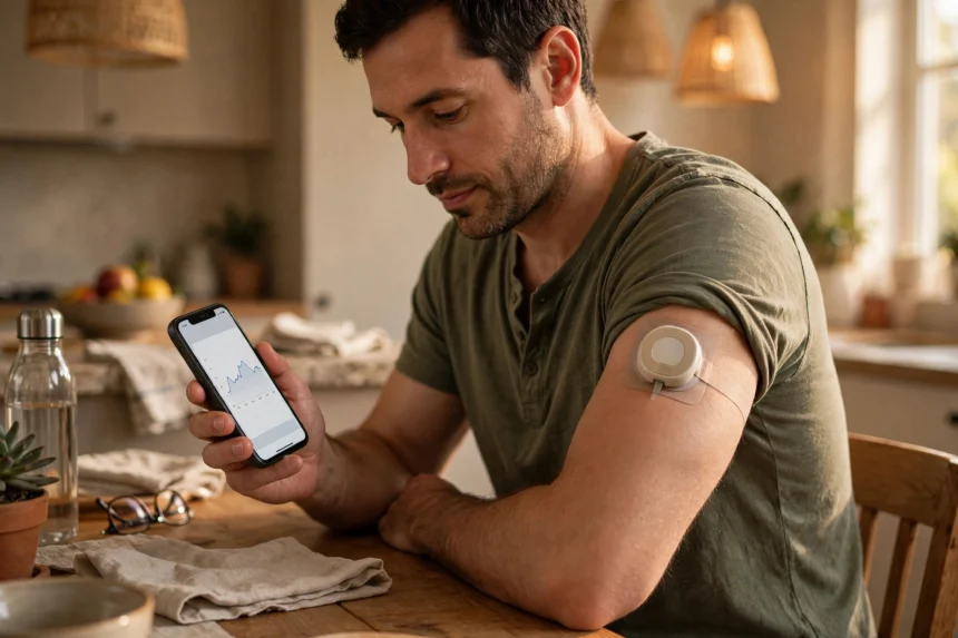Adult wearing a continuous glucose monitor on their arm and checking readings on a smartphone
