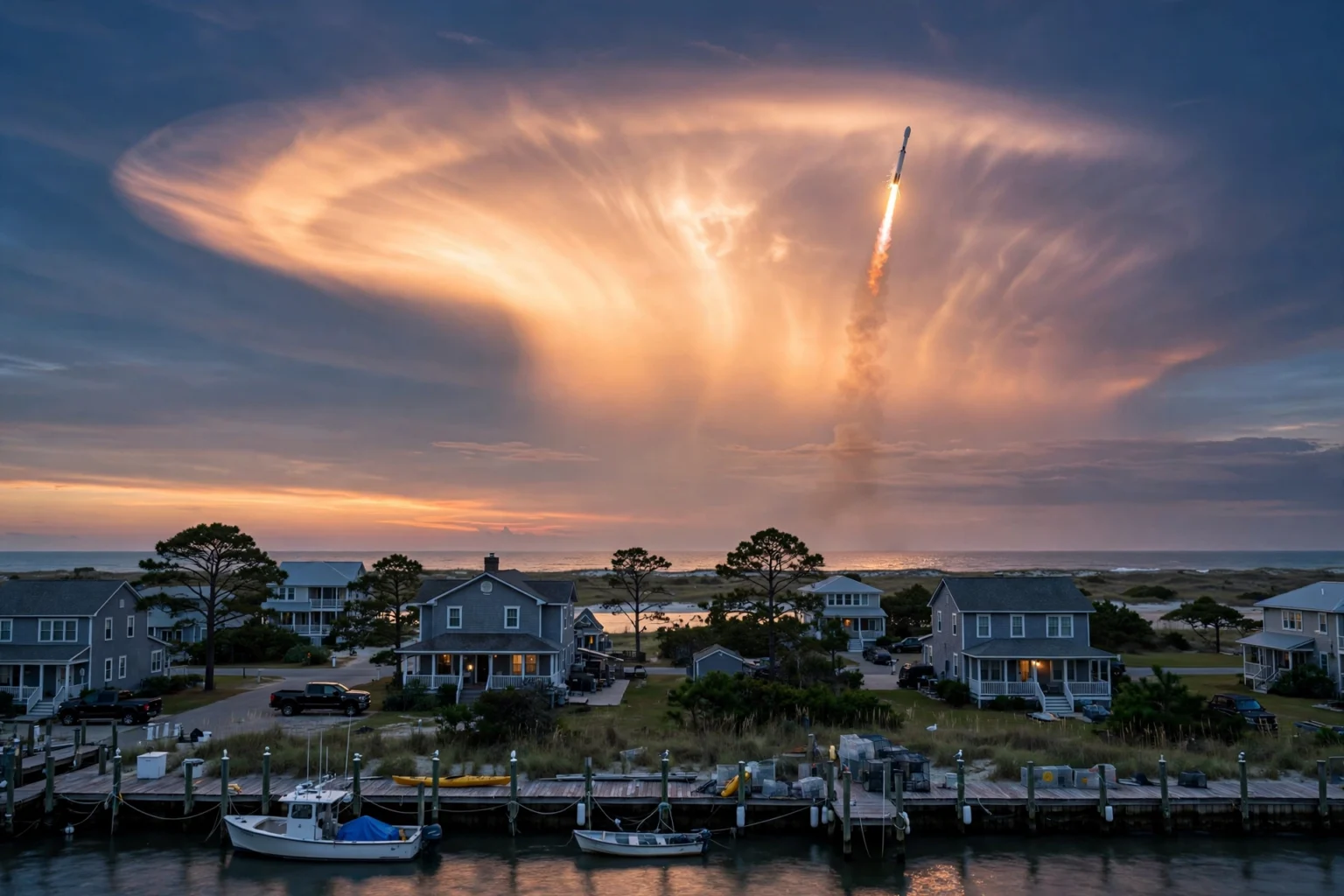 SpaceX rocket launch at dawn creating a glowing jellyfish cloud over the US east coast