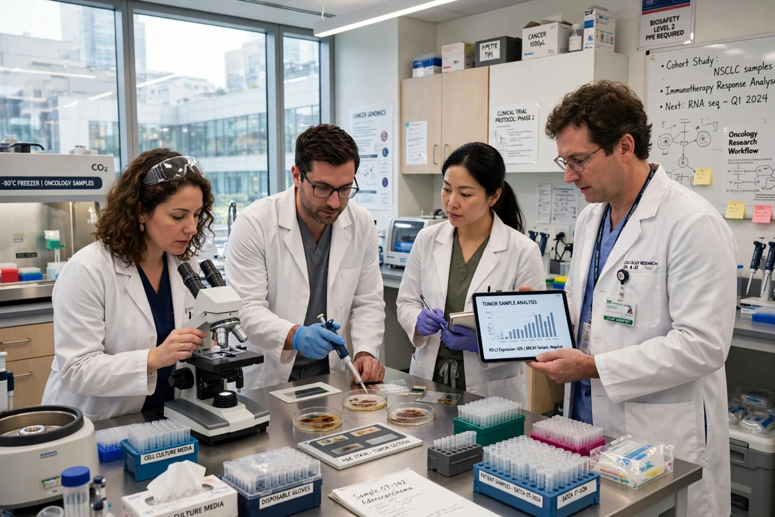Researchers working on a personalised cancer vaccine in a laboratory