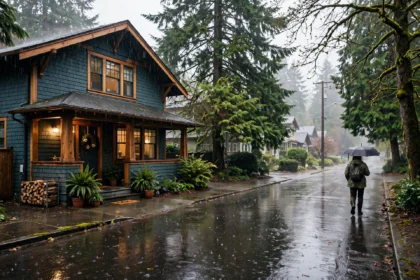 A Pacific Northwest home in steady autumn rain with evergreen trees