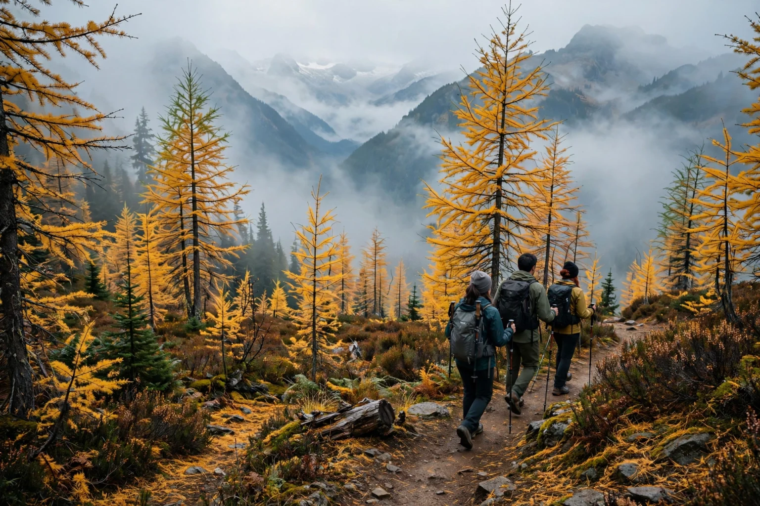 Hikers on a Pacific Northwest trail with golden larch trees in autumn