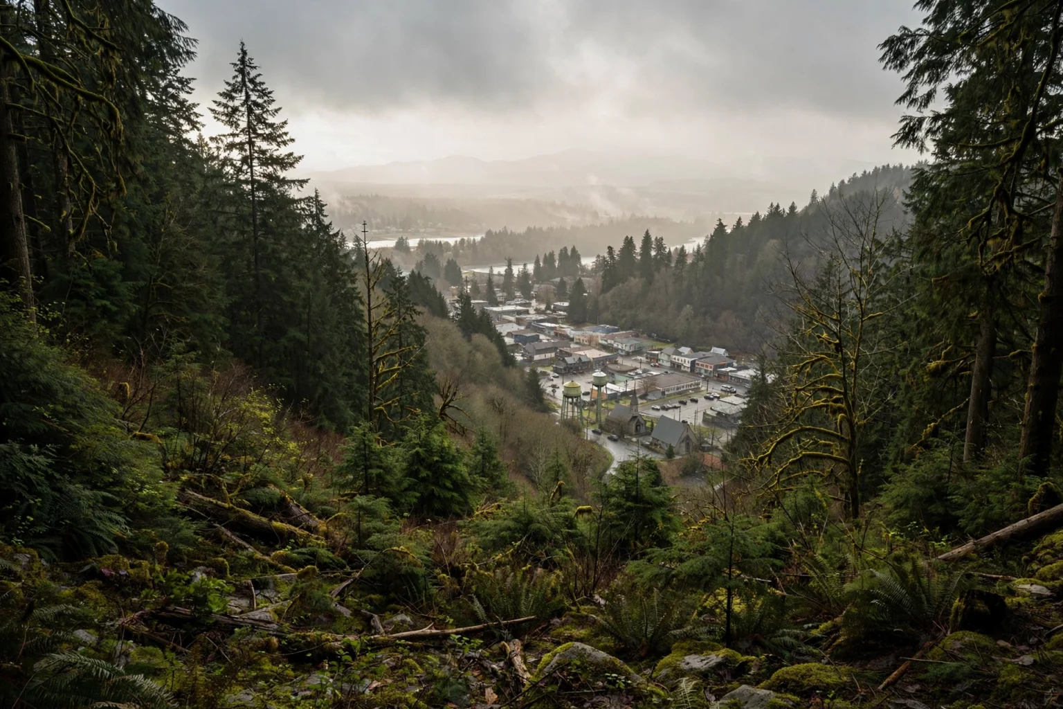 Pacific Northwest evergreen forest with light haze above a small town